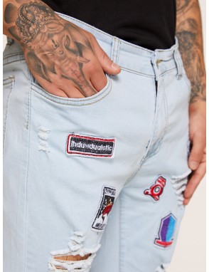 Men Patched & Ripped Detail Denim Shorts