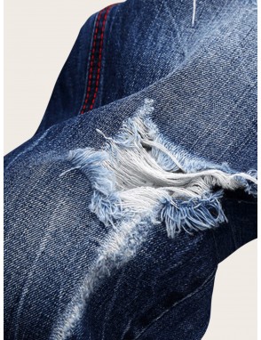 Men Ripped Washed Jeans Without Belt