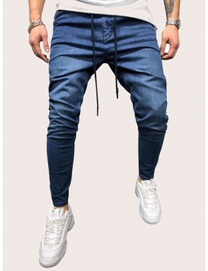 Men Contrast Side Tape Drawstring Waist Jeans