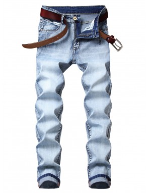 Men Pocket Zip Waist Washed Jeans Without Belt