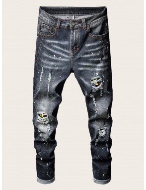 Men Ink Point Print Ripped Skinny Jeans