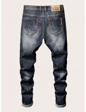 Men Ink Point Print Ripped Skinny Jeans
