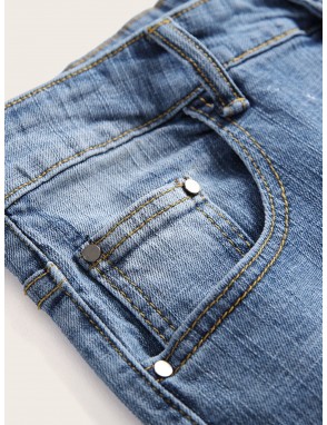 Men Pocket Zip Ripped Washed Jeans