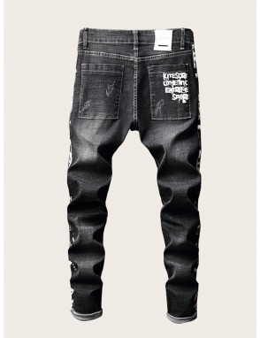 Men Slogan Graphic Ripped Jeans