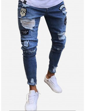 Men Patched Ripped Raw Hem Tapered Jeans