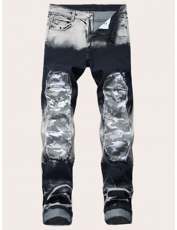 Men Contrast Camo Print Washed Jeans