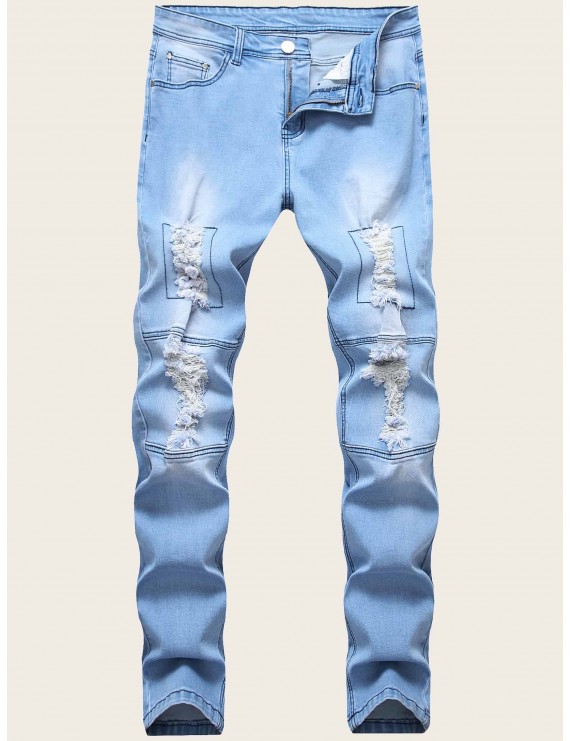 Men Zipper Fly Ripped Washed Jeans