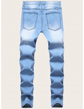 Men Zipper Fly Ripped Washed Jeans