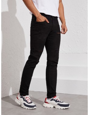 Men Solid Ripped Straight Leg Jeans