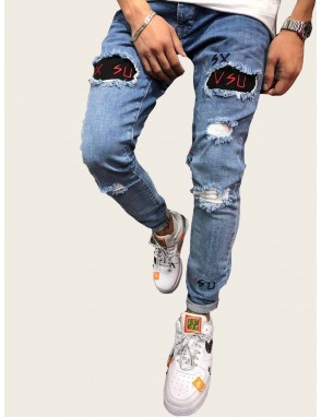 Men Letter Embroidery Ripped Jeans