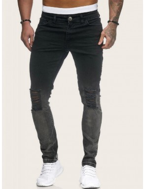 Men Ripped Washed Ladder Distressed Jeans
