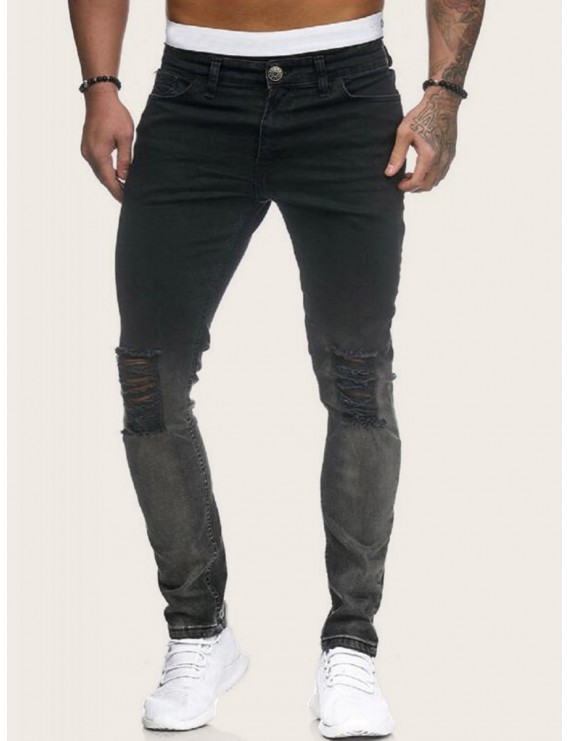 Men Ripped Washed Ladder Distressed Jeans