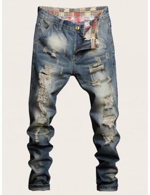 Men Pocket Zip Waist Washed Jeans
