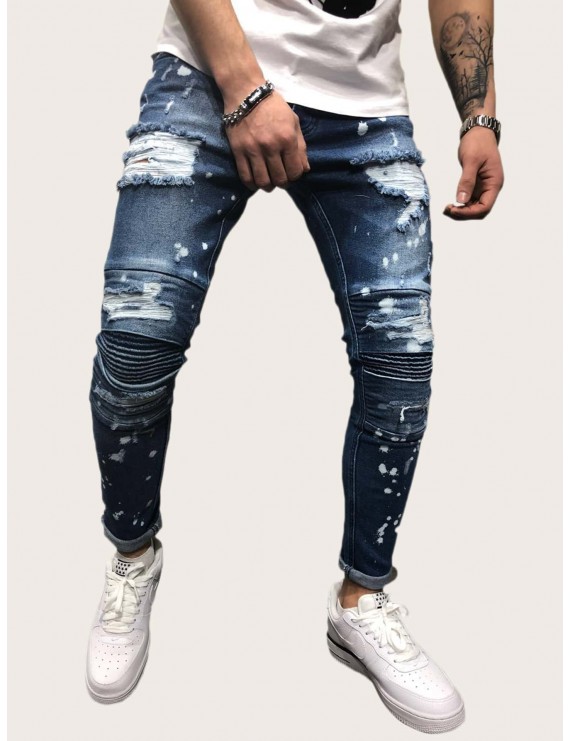 Men Ink Point Print Ripped Jeans