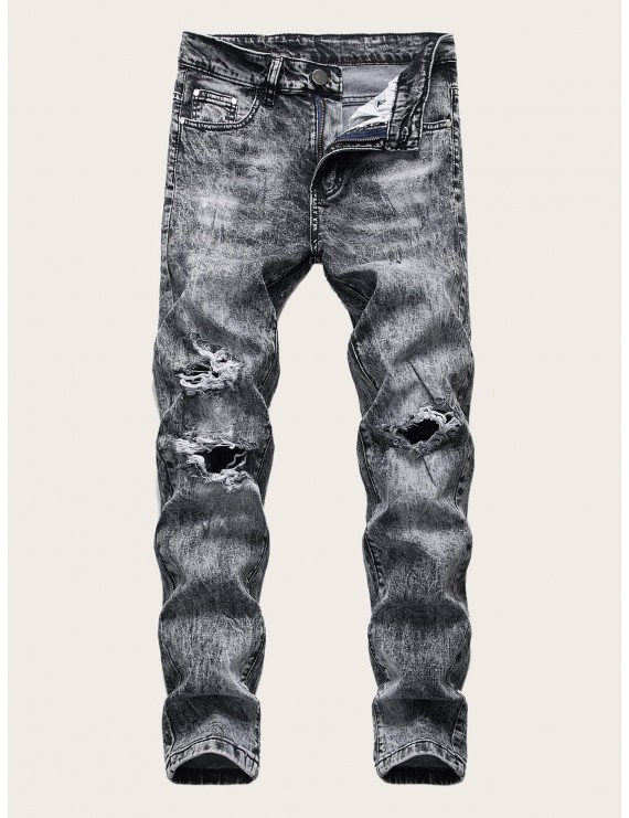 Men Button Fly Ripped Flakes Jeans