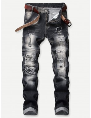 Men Ripped & Shirred Detail Jeans