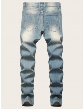 Men Button Fly Washed Jeans