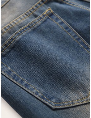 Men Pocket Zip Waist Ladder Distressed Washed Jeans