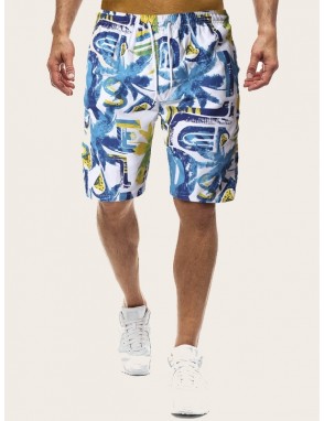 Men Tropical Print Drawstring Bermuda Shorts