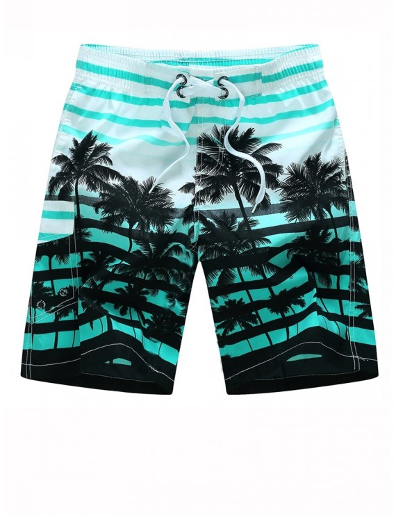 Men Striped And Tropical Print Beach Shorts