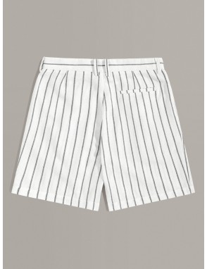 Men Slant Pocket Foldover Front Striped Shorts