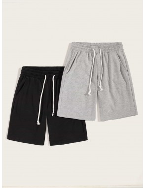 Men Heather Knit Slant Pocket Drawstring Shorts 2PCS