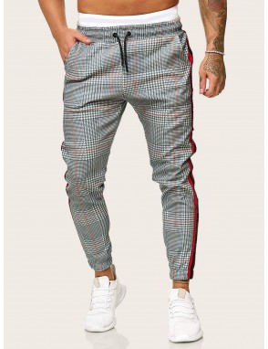 Men Houndstooth Print Contrast Striped Drawstring Pants