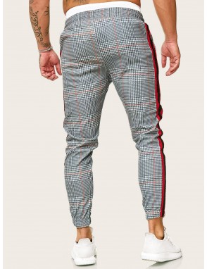 Men Houndstooth Print Contrast Striped Drawstring Pants
