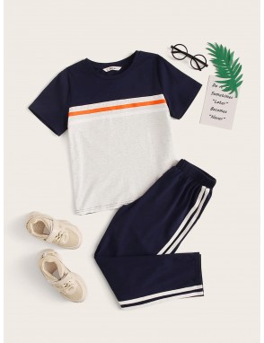 Boys Color-block Tee & Striped Tape Pants PJ Set