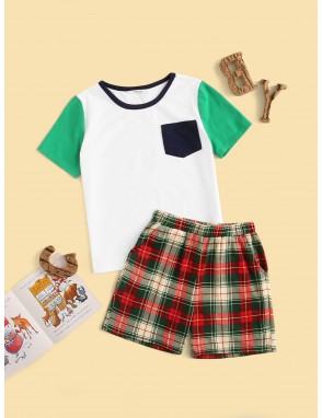 Boys Contrast Neck Pocket Patched Tee and Shorts PJ Set
