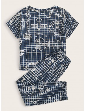 Boys Graphic Print Plaid Pajama Set