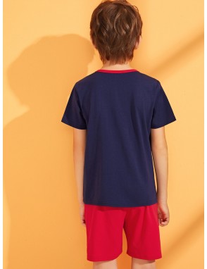 Boys Contrast Neck Graphic Print Tee and Shorts PJ Set