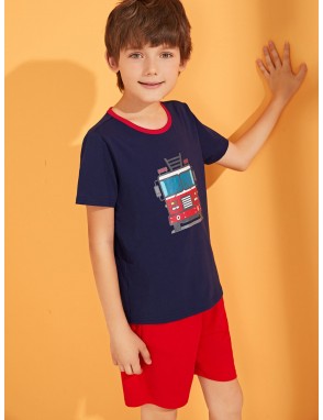 Boys Contrast Neck Graphic Print Tee and Shorts PJ Set