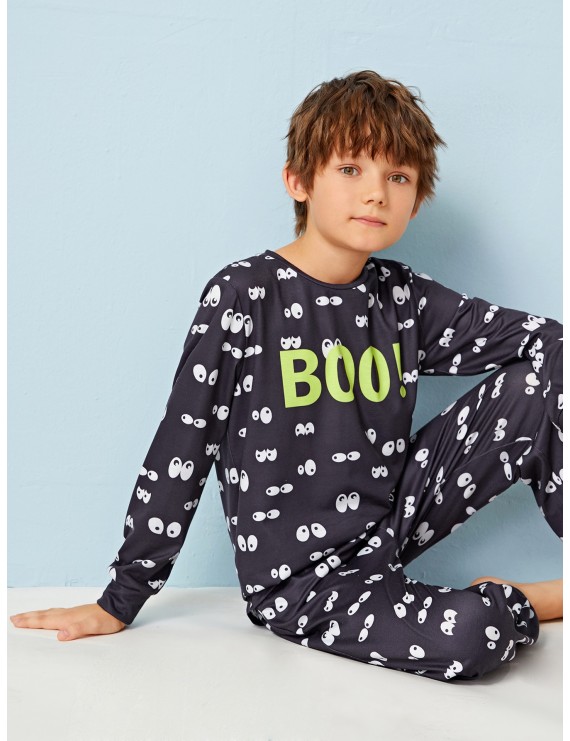 Boys Cartoon and Letter Graphic Top & Pants PJ Set