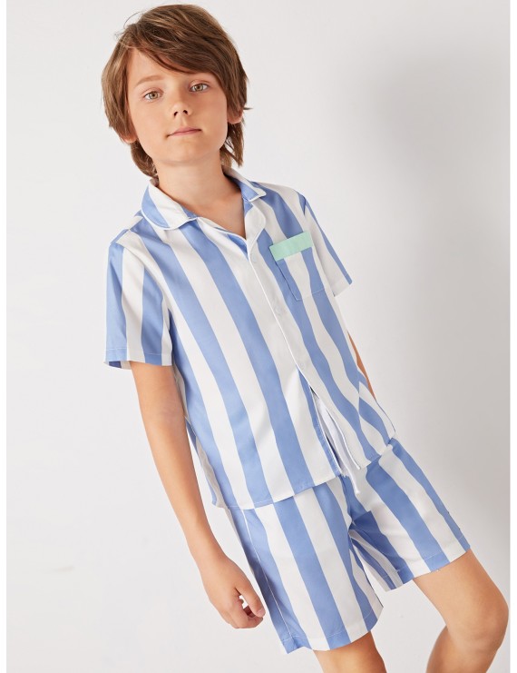 Boys Pocket Patched Striped Shirt and Shorts PJ Set