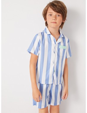 Boys Pocket Patched Striped Shirt and Shorts PJ Set