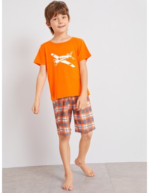 Boys Airplane Print Plaid Pajama Set