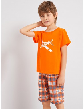 Boys Airplane Print Plaid Pajama Set