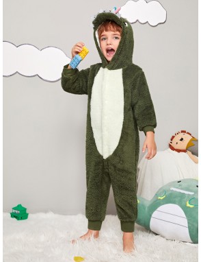 Toddler Boys Dinosaur Shaped Hooded Plush Onesie