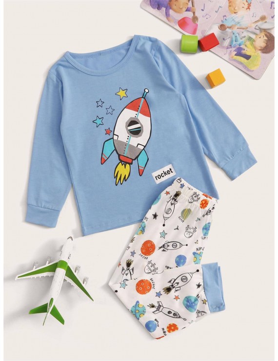 Toddler Boys Cartoon Spacecraft Print PJ Set
