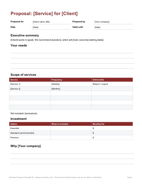 Preview of the first page of Service proposal